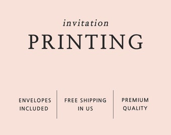 May include: Invitation printing services with the text "invitation PRINTING" in black on a light pink background. The text "ENVELOPES INCLUDED", "FREE SHIPPING IN US", and "PREMIUM QUALITY" is also included in black.