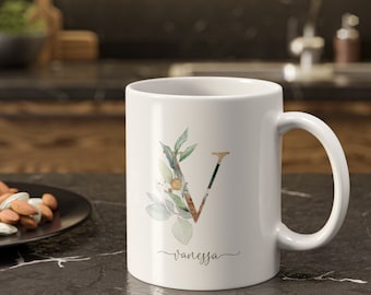 Nombre personalizado y taza inicial para mujeres / Taza de café con alfabeto floral personalizado [M251]