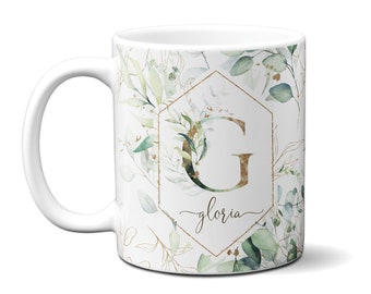 Floral Initial Letter Mug: Personalized Watercolor Monogram Coffee Cup