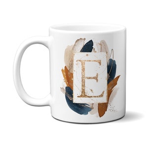 Nombre personalizado y carta inicial monograma arte abstracto moderno alfabeto E taza / taza de café personalizado, regalo para su mamá compañera de trabajo hermana madre