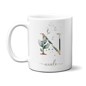 Personalizar Monogram Carta Inicial N Taza / Floral A B C D E F G H I J K L M M P Q R S T U V V W X Y Z Alfabeto Flor Custom Cup con nombre Regalo