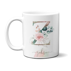 Personalize com nome e monograma caneca de café, letras florais com rosas, iniciais personalizadas, xícara de chá com alfabeto, presente para inauguração de casa nova