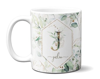 Floral Initial Mug: Personalized Watercolor Letter, Custom Name Gift