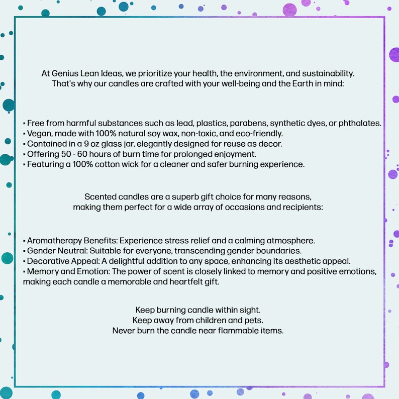 May include: Text on a white background describing the benefits of scented candles. The text mentions that the candles are made with natural soy wax, are non-toxic, and are eco-friendly. The text also mentions that the candles are free from harmful substances such as lead, plastics, parabens, synthetic dyes, or phthalates.