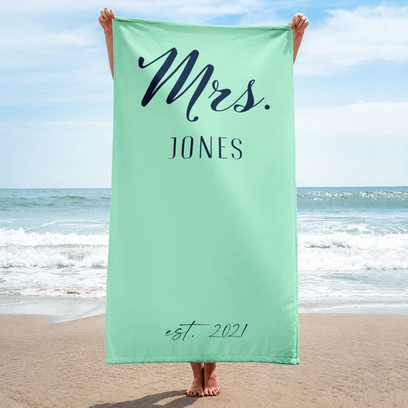 Mint Green & Navy Blue Personalized Beach Towels for Honeymoon, Custom Gift for Couples Bride and Groom image 2