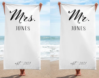 Personalized Mr & Mrs Beach Towels, Honeymoon Wedding Gift