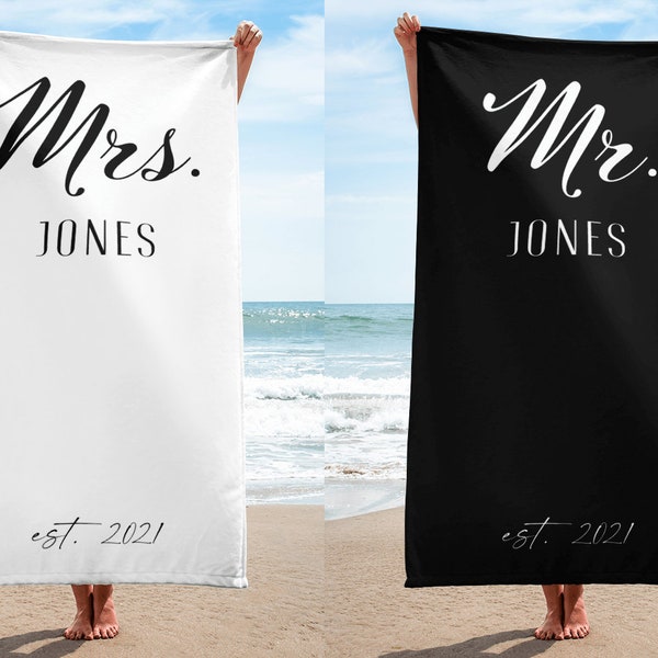 Black & White Mrs and Mr Beach Towels for Honeymoon, Just Married Personalized Custom Gift for Wedding Newlyweds Couples Husband Wife