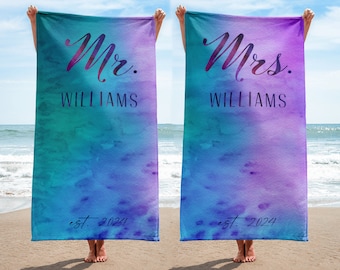 Personalized Mr and Mrs Beach Towels - Wedding or Honeymoon Gift for Couples