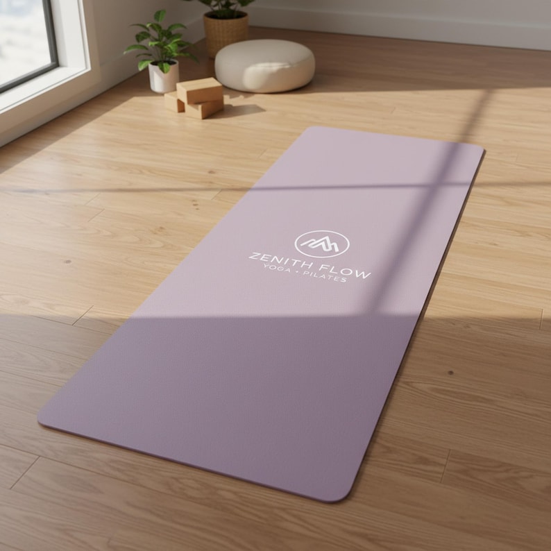 May include: A rectangular lavender yoga mat featuring a white circular logo with a mountain graphic and the text ZENITH FLOW YOGA PILATES printed in the center. The mat has rounded corners and a smooth, solid-colored surface texture.