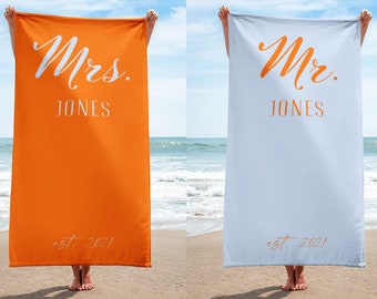 Personalized Mr & Mrs Beach Towel, Wedding Gift, Honeymoon Gift