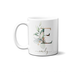 Caneca com letra floral A B C D E F G H I J K L M N O P Q R S T U V W X Y Z, caneca personalizada com monograma e inicial do alfabeto, presente com flores e folhas