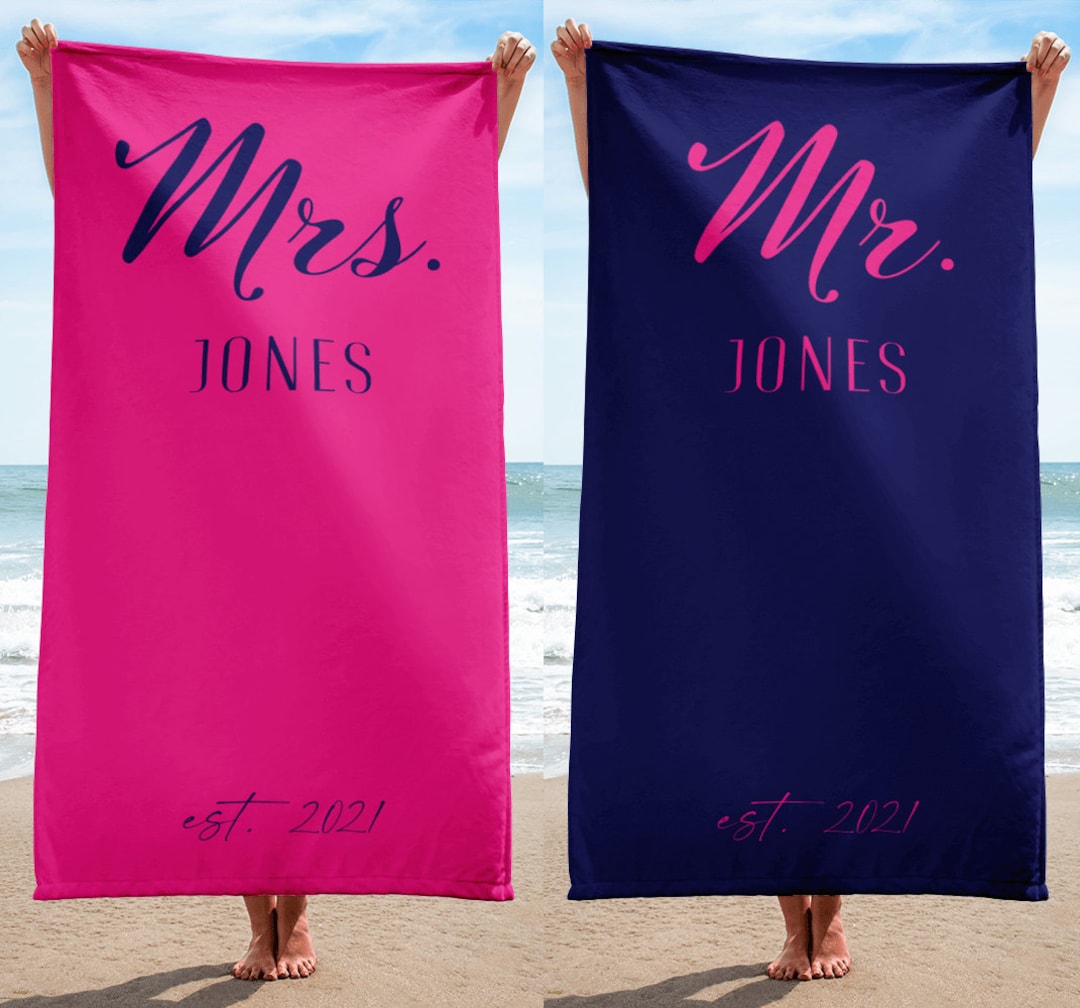 His and Hers Mr & Mrs Beach Towels for Honeymoon, Custom Gift for