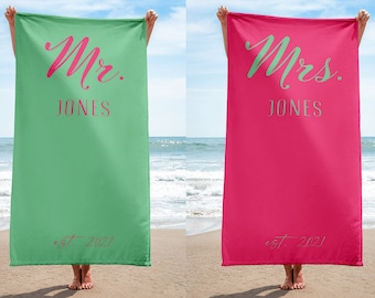 Mrs and Mr Beach Towels for Honeymoon Just Married Personalized
