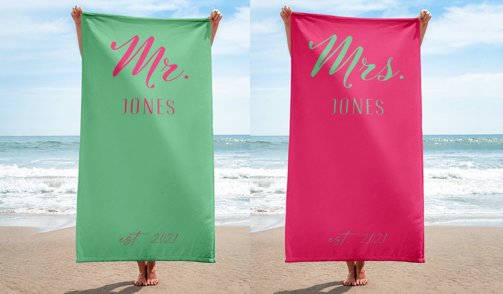 Mrs and Mr Beach Towels for Honeymoon, Just Married Personalized Custom Gift for Wedding Newlyweds Housewarming Couples Husband Wife