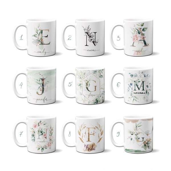 Floral Letter A B C D E F G H I J K L M N O P Q R S T U V W X Y Z Mug, Personalize Monogram Alphabet Initial Gift Cup with Flowers Leaves