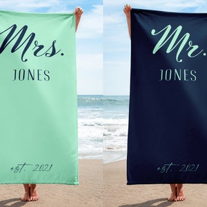 Mint Green & Navy Blue Personalized Beach Towels for Honeymoon, Custom Gift for Couples Bride and Groom image 1