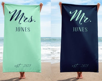 Mint Green & Navy Blue Personalized Beach Towels for Honeymoon, Custom Gift for Couples Bride and Groom