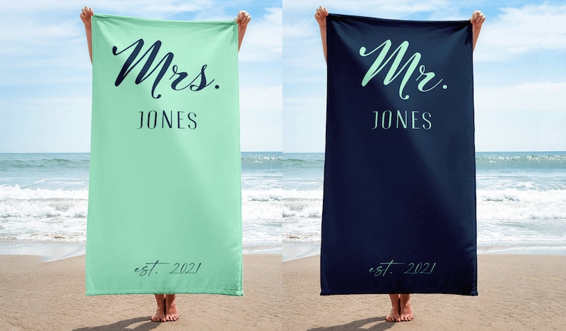 Mint Green & Navy Blue Personalized Beach Towels for Honeymoon, Custom Gift for Couples Bride and Groom image 1