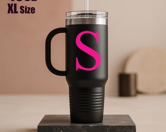 Personalized 40oz Insulated Tumbler: Pink & Black Monogram Travel Mug