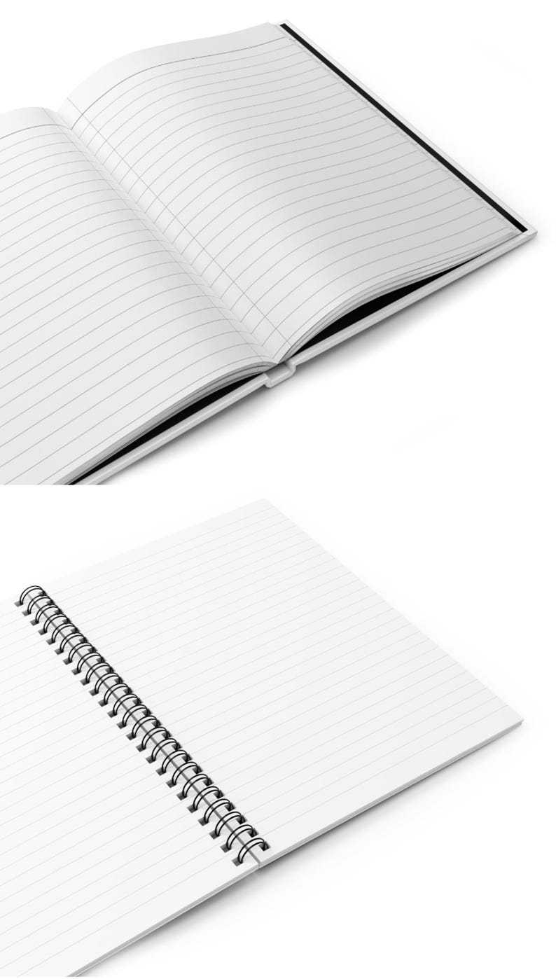 Pu&ograve; includere: Sono mostrati due quaderni bianchi con pagine a righe. Uno &egrave; aperto, rivelando le pagine interne e un dorso nero. L'altro quaderno &egrave; rilegato a spirale, con le pagine aperte a ventaglio. I quaderni sono su sfondo bianco.