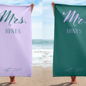 Mr and Mrs Beach Towels for Honeymoon, Personalizable Just Married Custom Gift for Wedding Newlyweds Couples Husband Wife