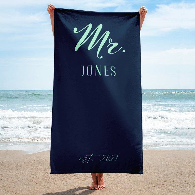 Mint Green & Navy Blue Personalized Beach Towels for Honeymoon, Custom Gift for Couples Bride and Groom image 3
