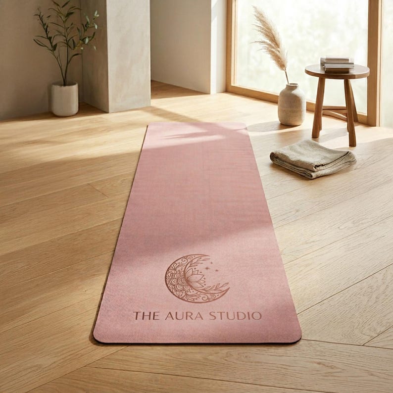 May include: A rectangular dusty pink yoga mat featuring a dark brown graphic of a crescent moon filled with intricate floral patterns and small stars. The text THE AURA STUDIO is printed in a clean, sans-serif font below the moon design.