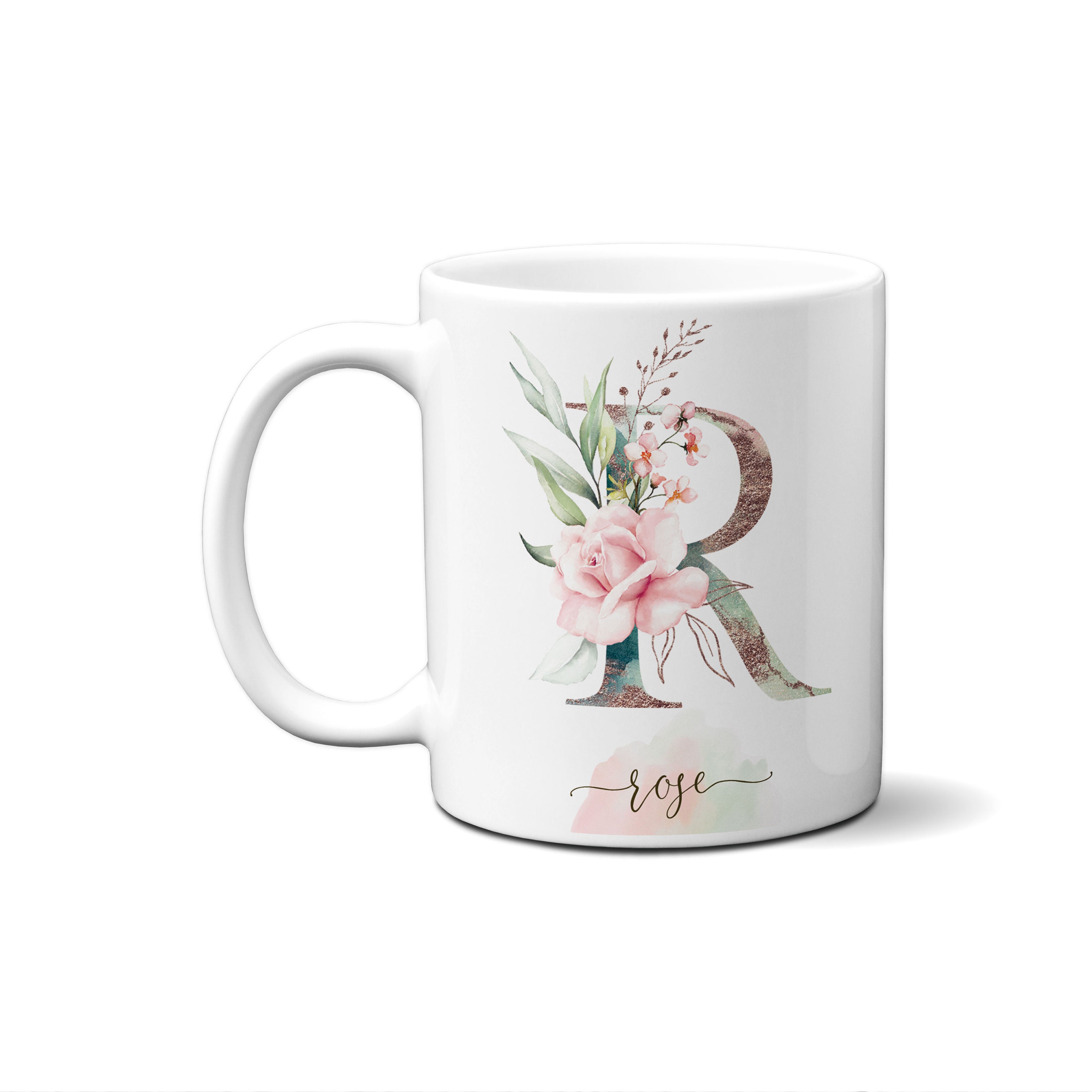 Coffee Mug Cup Letter Initial J Prima Design White Black Pink Flowers  Monogram