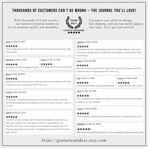Pu&ograve; includere: L'immagine presenta il testo: "THOUSANDS OF CUSTOMERS CAN'T BE WRONG - THE JOURNAL YOU'LL LOVE!" con recensioni dei clienti e un indirizzo web. Le recensioni evidenziano la qualit&agrave;, il design e il servizio clienti del diario. &Egrave; visibile anche un sigillo di qualit&agrave; premium.