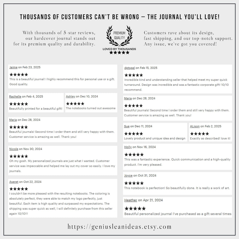 Pu&ograve; includere: L'immagine presenta il testo: "THOUSANDS OF CUSTOMERS CAN'T BE WRONG - THE JOURNAL YOU'LL LOVE!" con recensioni dei clienti e un indirizzo web. Le recensioni evidenziano la qualit&agrave;, il design e il servizio clienti del diario. &Egrave; visibile anche un sigillo di qualit&agrave; premium.