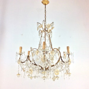 Antique 1920&#39;s Italian Crystals Chandelier Murano Glass Flowers Beaded Stars Wrought Iron Gilt Venetian Teardrops Pendants Italian Design