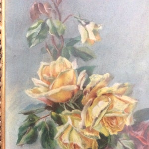 Pintura al pastel francesa antigua Bodegón Rosas amarillas Ramo Art Nouveau Francia Postal Pintura 1 de 2