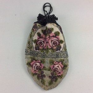 Antique Beadwork Purse Handbag Bag Pouch Victorian 19th Ladies Reticule Bead Beaded Petite Point Embroidery Needlework Decor Roses
