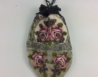 Antique Beadwork Purse Handbag Bag Pouch Victorian 19th Ladies Reticule Bead Beaded Petite Point Embroidery Needlework Decor Roses
