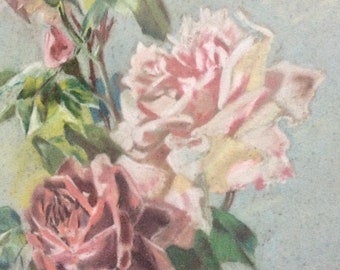 Antique French Pastel Painting Still Life Red Pink Roses Bouquet Art Nouveau France Postcard Painting 1 of 2
