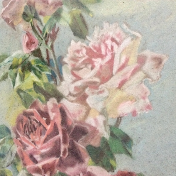 Antique French Pastel Painting Still Life Red Pink Roses Bouquet Art Nouveau France Postcard Painting 1 of 2