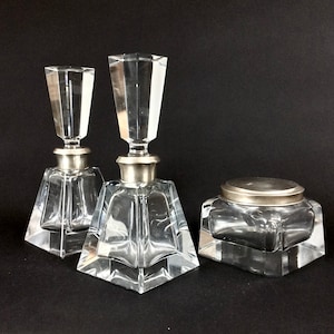 Art Deco French Solid Sterling Silver crystal vanity toilet set perfume bottle crystal trinket silver