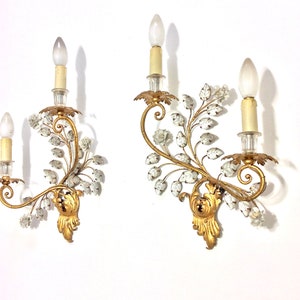 Pair Vintage French Maison Bagues Paris Wall Lamps Lights Sconces 2 Candles Lampshade Crystal Bouquet Leaves Porcelain Flowers mid Century
