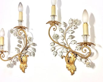 Pair Vintage French Maison Bagues Paris Wall Lamps Lights Sconces 2 Candles Lampshade Crystal Bouquet Leaves Porcelain Flowers mid Century