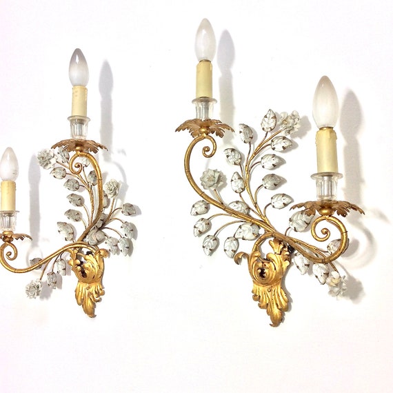 Pair Vintage French Maison Bagues Paris Wall Lamps Lights Sconces 2 Candles Lampshade Crystal Bouquet Leaves Porcelain Flowers mid Century