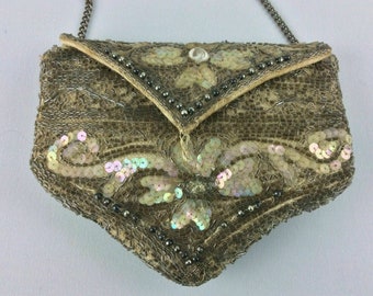 Antique Beadwork Purse Handbag Clutch Bag Pouch Victorian 19th Ladies Glass Beads Beaded Embroidery Needlework Floral design Flowers Sequins
