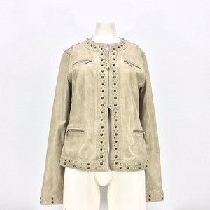 Damen Jeweled Kristalle Metal Jets Nieten Lederjacke Beige / Hellbraun Kalbsleder Biker Short von Carla F