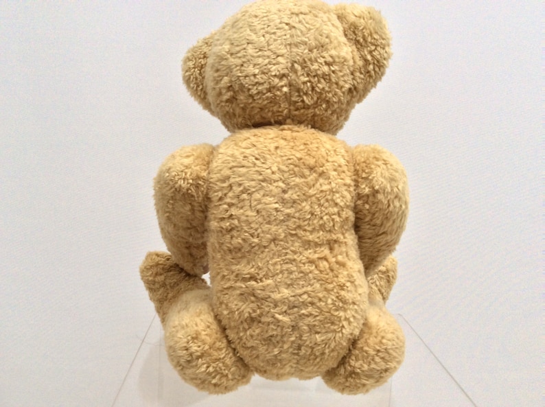May include: A beige plush teddy bear sitting with its back to the camera. The bear has a fluffy, soft texture.