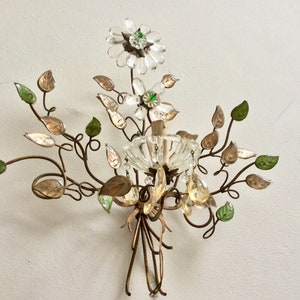 Bouquet Wall Light Lamp Sconce Mid Century Banci Firenze Vintage Brass Crystal Leaves Flower Gilt Hollywood Regency Maison Bagues Florentine