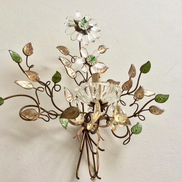 Ramo lámpara de luz de pared Sconce Mid Century Banci Firenze Vintage latón cristal hojas flor dorada Hollywood Regency Maison Bagues Florentine