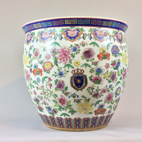 1/2 grand bol à poisson vintage en porcelaine de Chine, cache cache-pot, famille rose, porcelaine, château de Versailles, vase peint émaillé