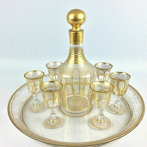 Antique 19th French Empire Liqueur Set Decanter Carafe Crystal liquor Glasses cordials Stem Glass Tray Cordials Gold Gilded Baccarat