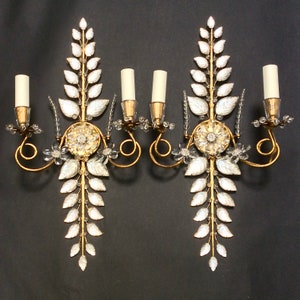 Large Pair Vintage Maison Bagues Paris Sconces Wall Light Crystal Leaves Flowers Gilt Metal French Art Nouveau 1920s