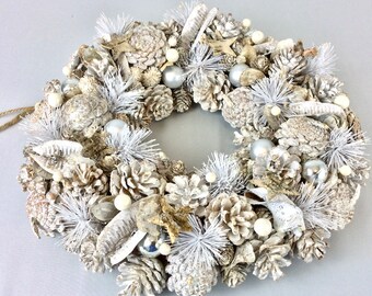 Christmas New Year Wreath White Snow Silver Natural Handmade Decoration Dry Flowers Cones Holiday Winter