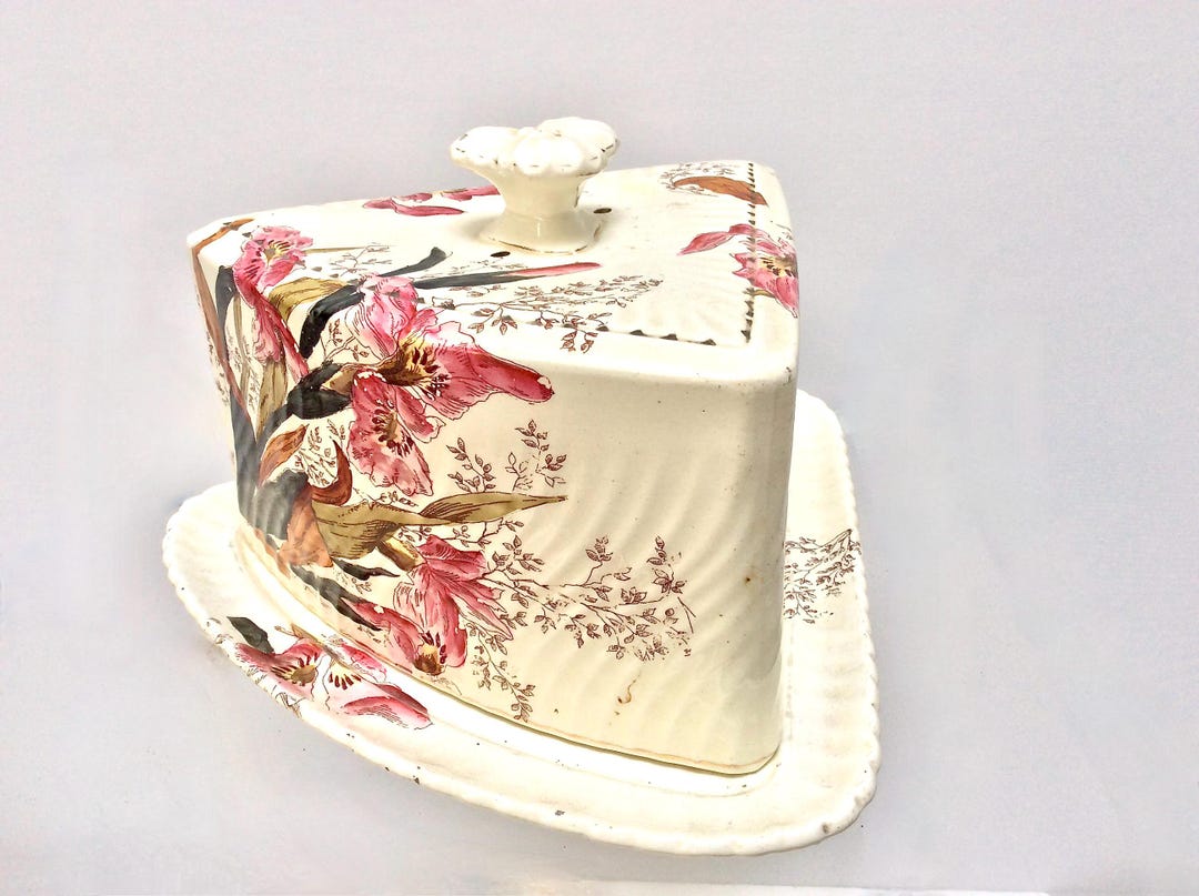 Ancien Dôme à Fromage En Faïence Majolique - Décor Feuilles Floral - Avec Socle (Rare)